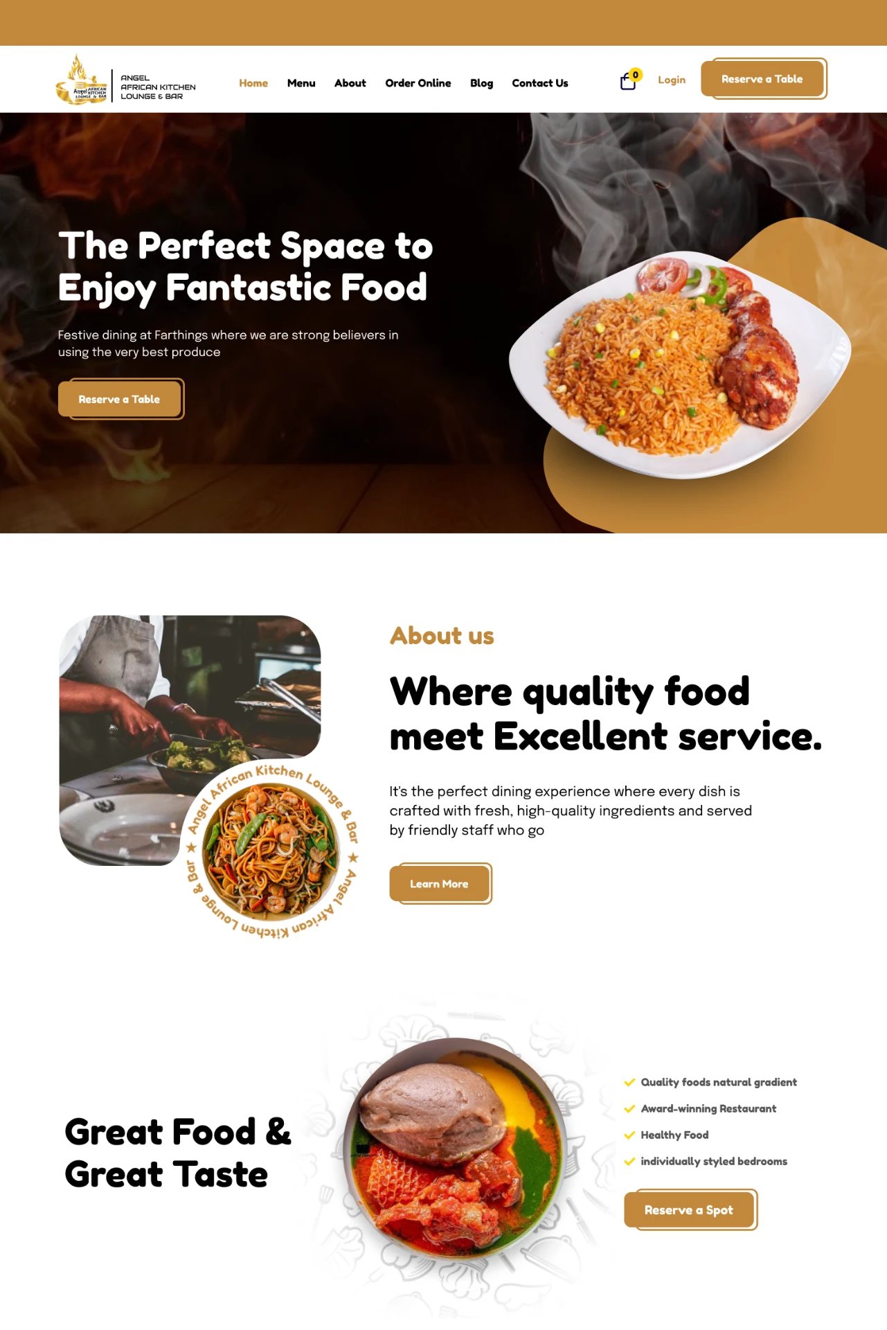 Angel African Kitchen homepage with the headline 'The Perfect Space to Enjoy Fantastic Food' and a plate of jollof rice and grilled chicken
