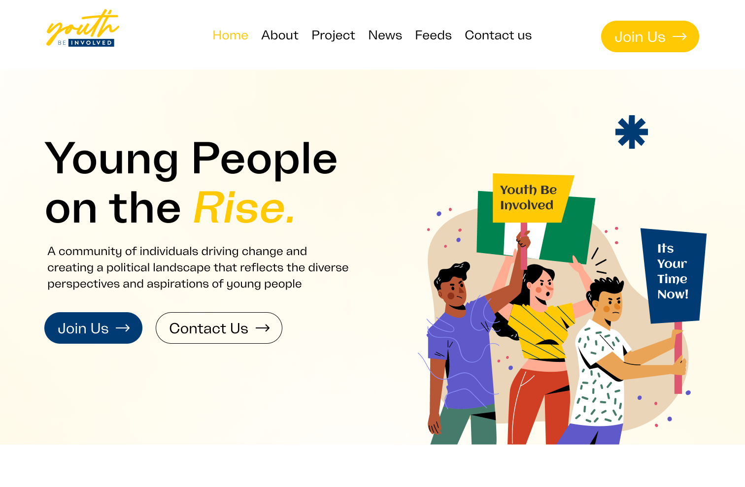 Youth Be Involved homepage with the headline 'Young People on the Rise' and an illustration of three young people holding protest placards