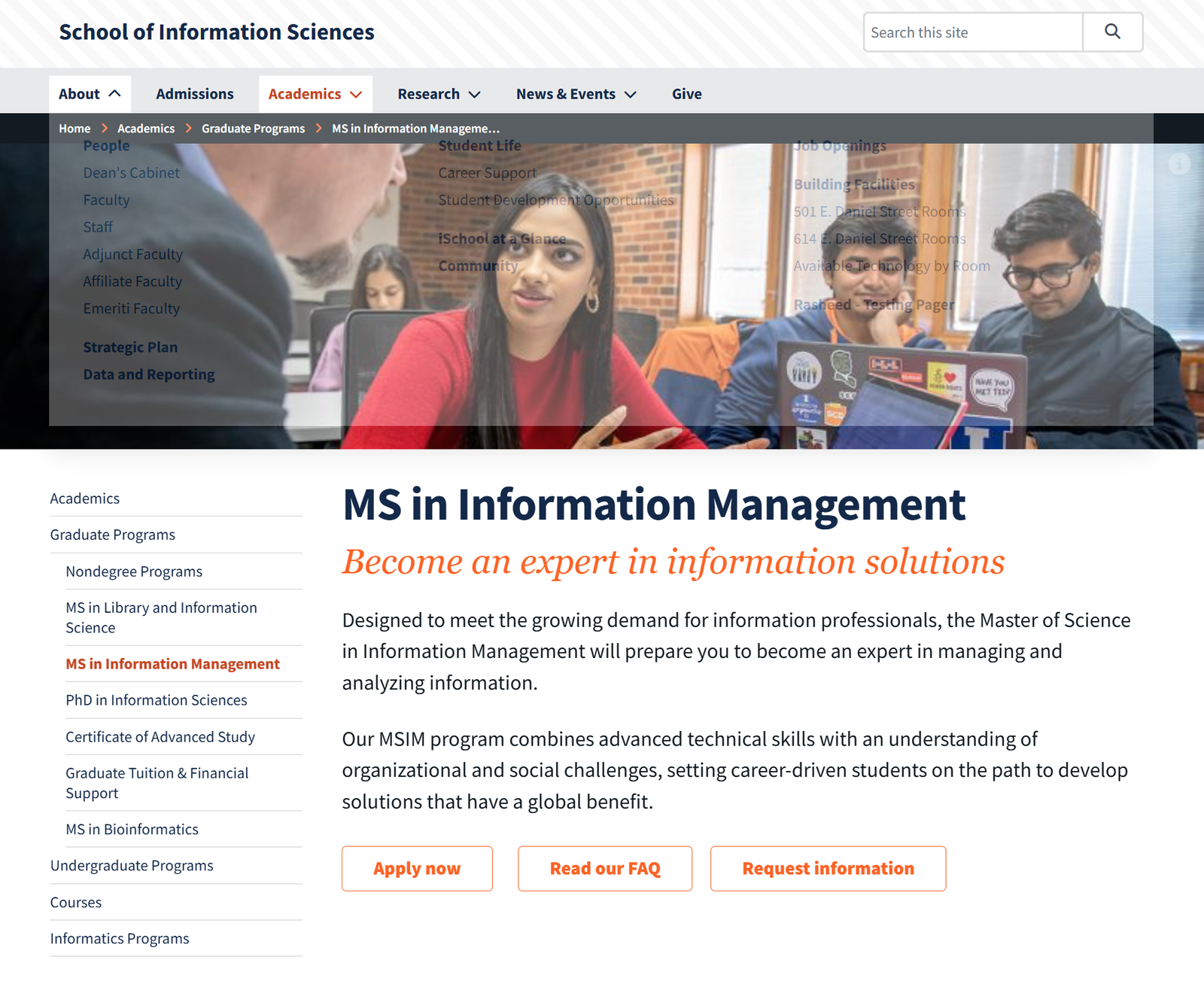 iSchool MS in Information Management program page showing the site navigation, breadcrumb trail, left-hand section menu and call-to-action buttons