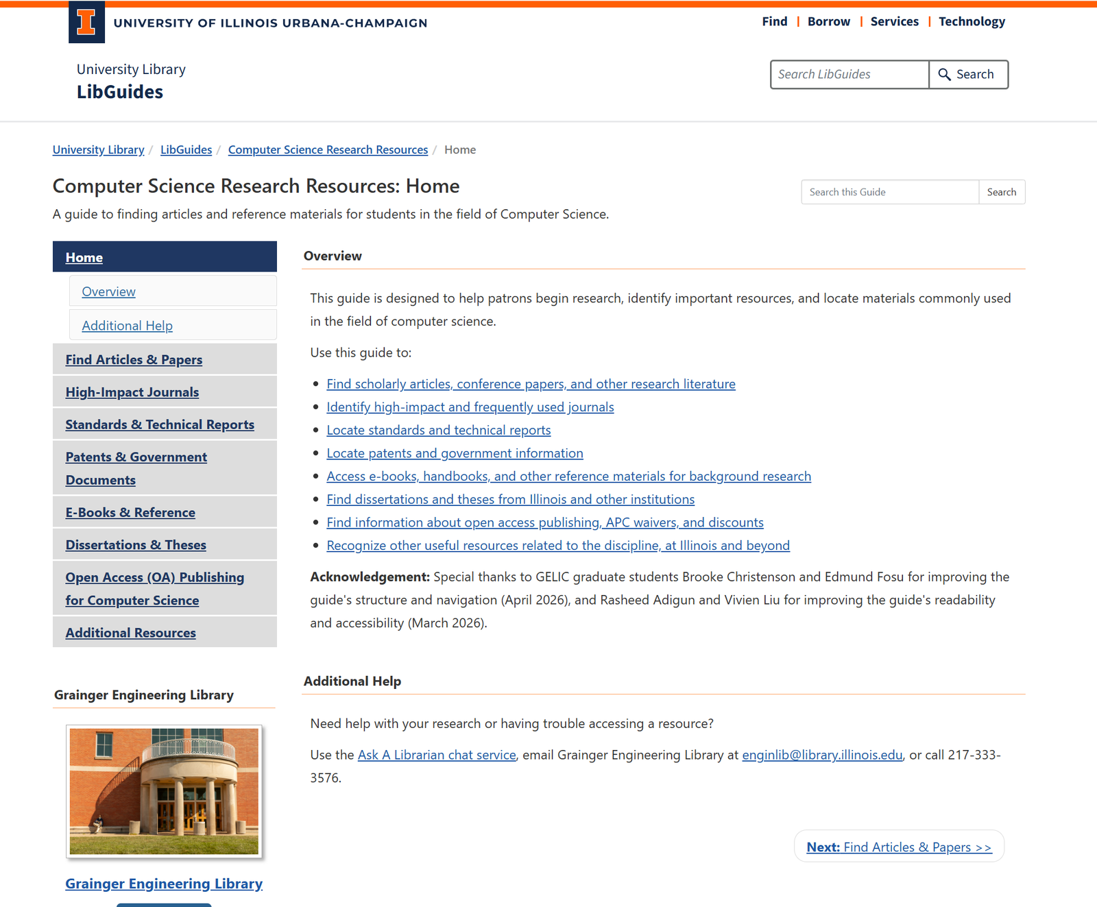 Computer Science Research Resources LibGuide home page after remediation, showing a clear heading structure and simplified side navigation