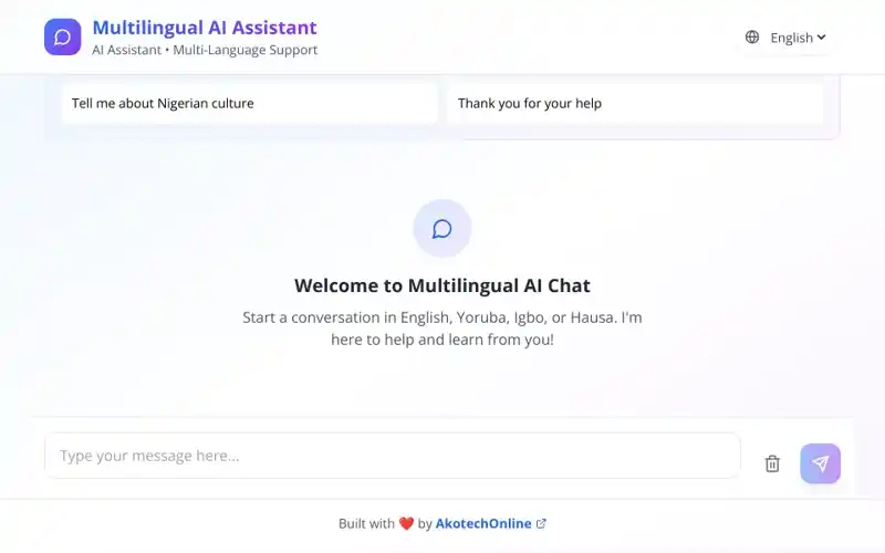 NaijaTalk chat interface showing the language switcher, a welcome message and suggested starter prompts
