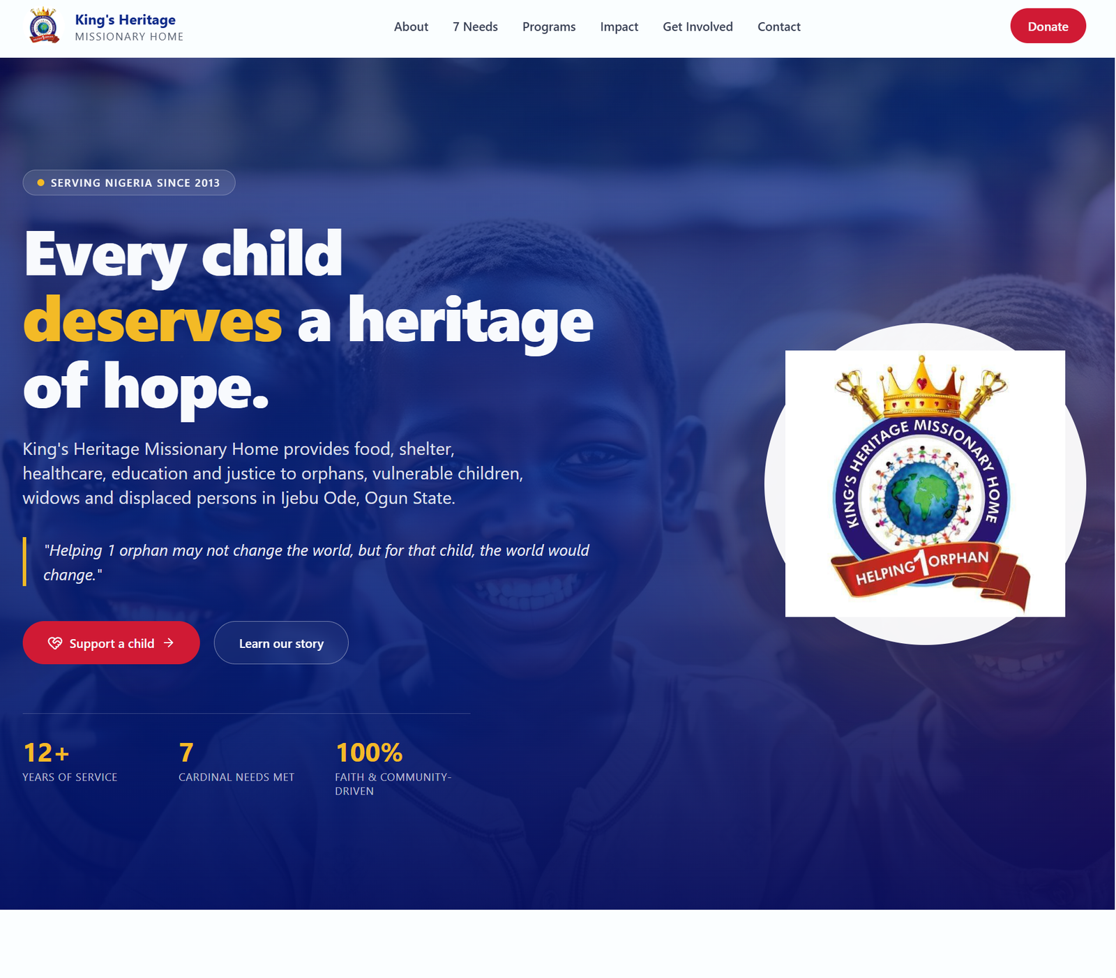 King's Heritage Missionary Home homepage with the headline 'Every child deserves a heritage of hope' over a photo of smiling children