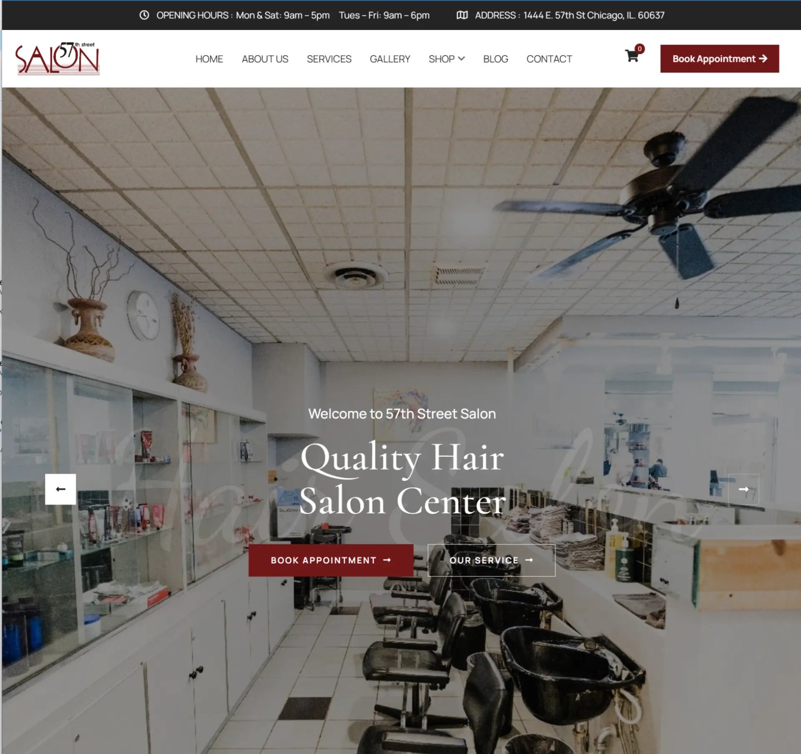 57th Street Salon homepage with the headline 'Quality Hair Salon Center' over a photo of the salon floor, with booking buttons